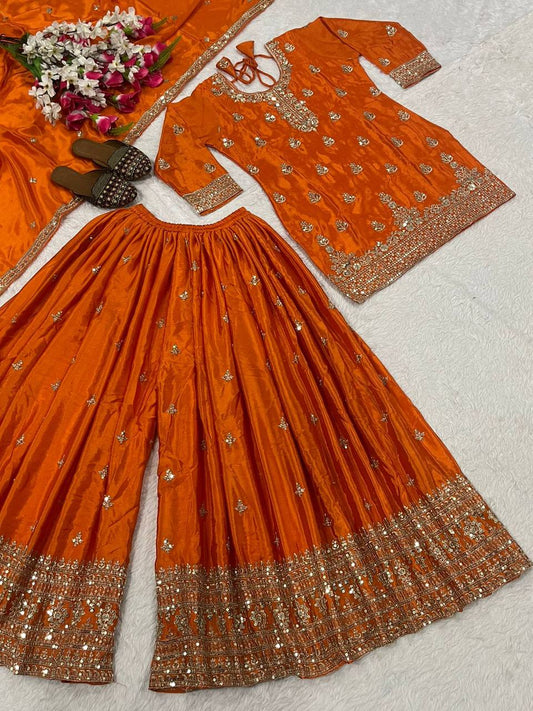 Trendy Orange Chinon Silk Sequence Work Sharara Suit