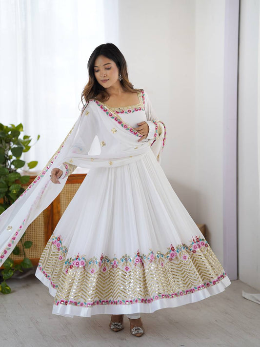 Gorgeous White Georgette Embroidery Work Gown