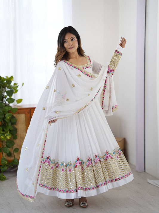 Gorgeous White Georgette Embroidery Work Gown