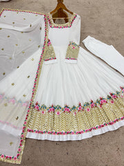 Gorgeous White Georgette Embroidery Work Gown Gorgeous White Georgette Embroidery Work Gown