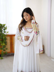 Gorgeous White Georgette Embroidery Work Gown Gorgeous White Georgette Embroidery Work Gown