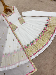 Gorgeous White Georgette Embroidery Work Gown Gorgeous White Georgette Embroidery Work Gown