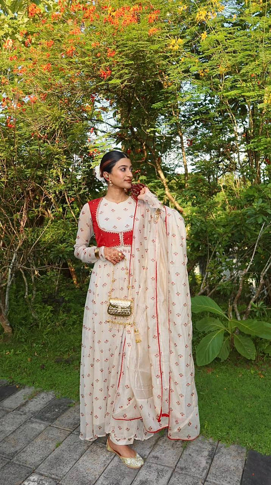 Innovative Red Georgette Print Work Koti With Gown