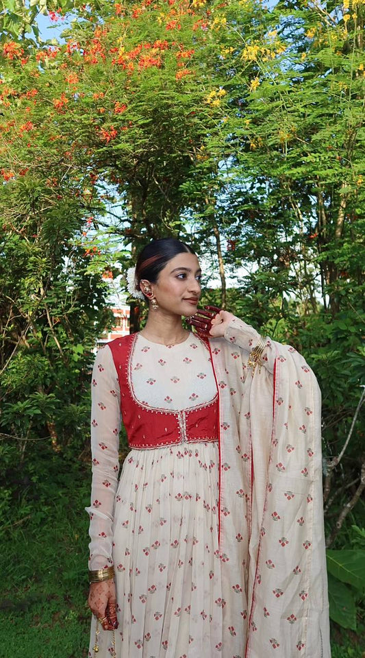 Innovative Red Georgette Print Work Koti With Gown