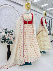 Innovative Red Georgette Print Work Koti With Gown Innovative Red Georgette Print Work Koti With Gown
