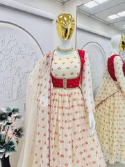 Innovative Red Georgette Print Work Koti With Gown Innovative Red Georgette Print Work Koti With Gown