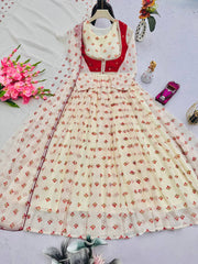 Innovative Red Georgette Print Work Koti With Gown Innovative Red Georgette Print Work Koti With Gown