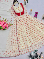 Innovative Red Georgette Print Work Koti With Gown Innovative Red Georgette Print Work Koti With Gown