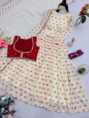 Innovative Red Georgette Print Work Koti With Gown Innovative Red Georgette Print Work Koti With Gown