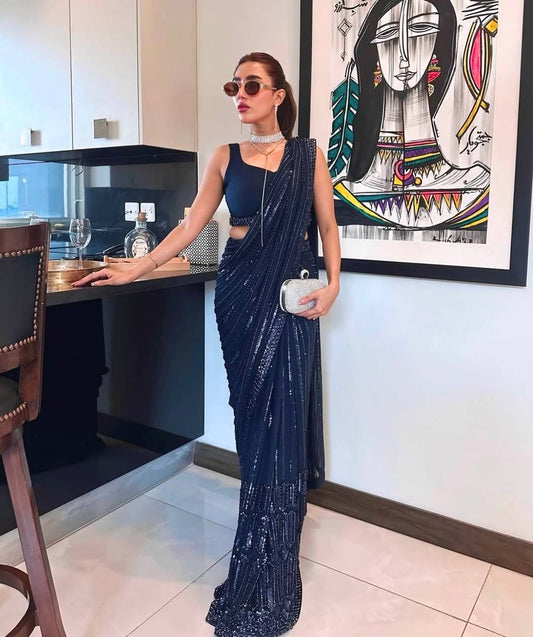 Lovely Navy Blue Georgette Thread Work Saree