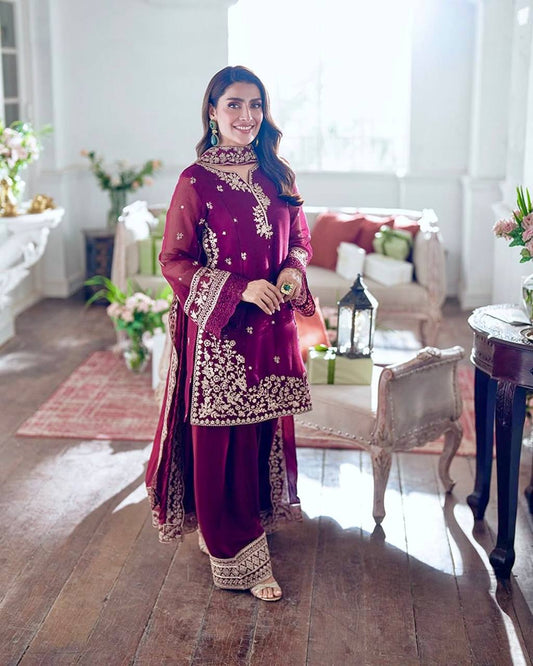 Gorgeous Maroon Crepe Embroidery Palazzo Suit