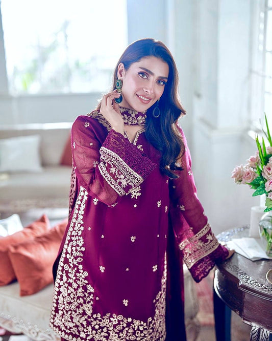 Gorgeous Maroon Crepe Embroidery Palazzo Suit