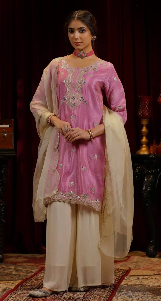 Marvelous Pink Chinon Silk Sequence Work Palazzo Suit