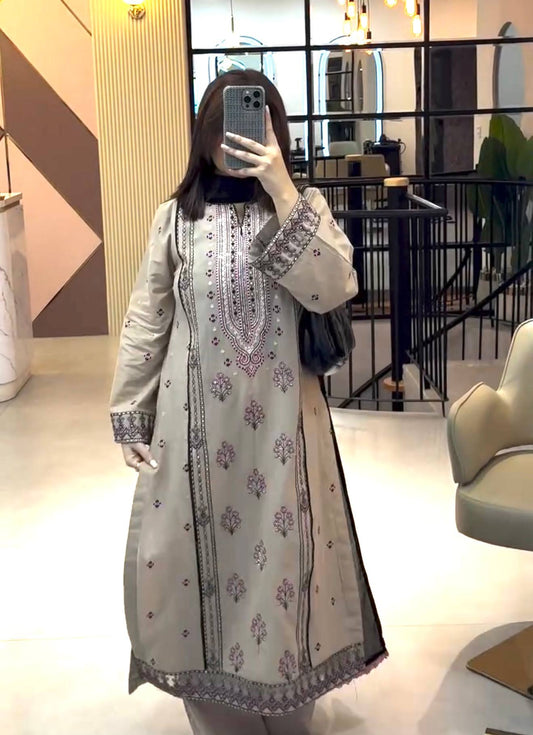 Beige Georgette Sequence Work Straight Kurti With Palazzo Set