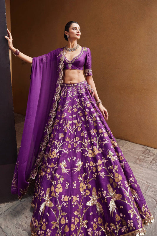 Designer Purple Thai Silk Zari Work Lehenga Choli For Wedding