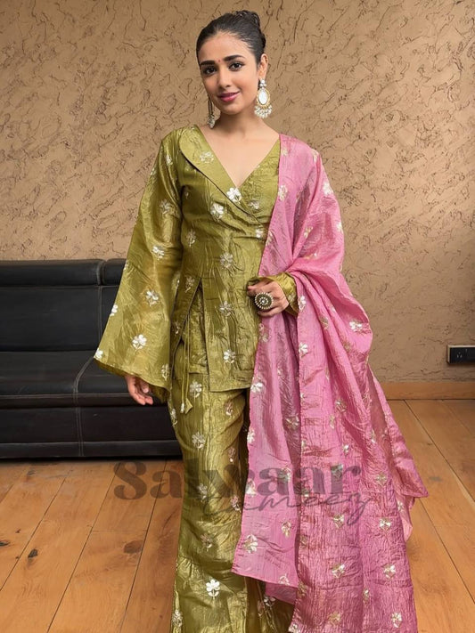 Lovely Olive Green Jimmy Choo Sequence Work Palazzo Suit