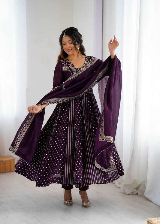 Designer Wine Silk Embroidery Work Gown