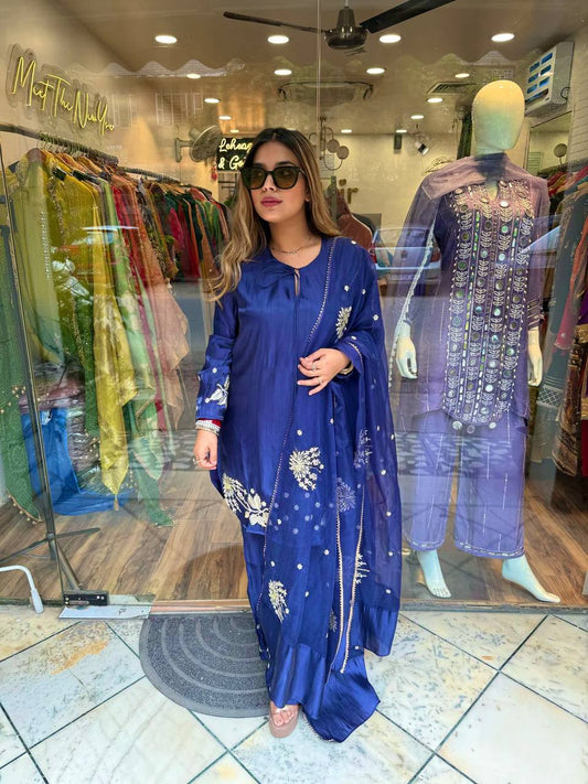 Designer Blue Crepe Silk Sequence Work Palazzo Suit