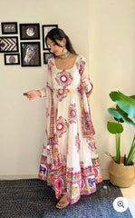 Precious White Satin Silk Mirror Work Gown Precious White Satin Silk Mirror Work Gown