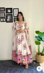 Precious White Satin Silk Mirror Work Gown Precious White Satin Silk Mirror Work Gown