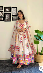 Precious White Satin Silk Mirror Work Gown Precious White Satin Silk Mirror Work Gown