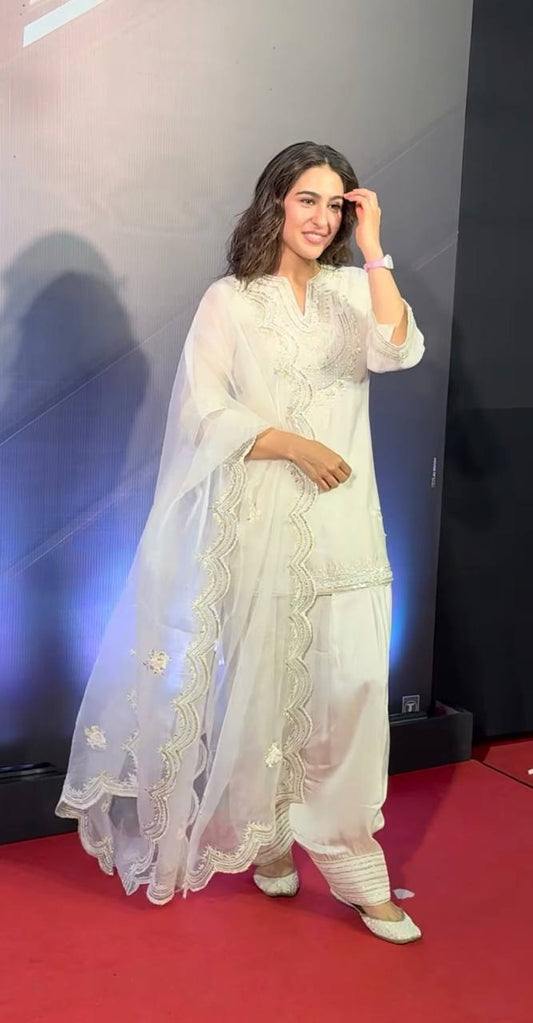 White Silk Embroidery Work Bollywood Style Palazzo Suit