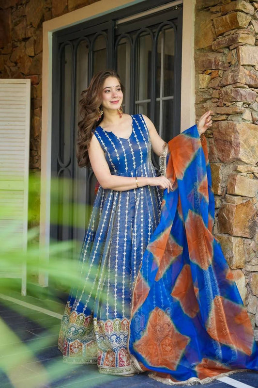 Exclusive Blue Organza Digital Work Gown