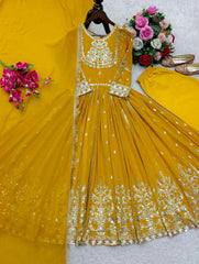 Lovely Yellow Georgette Sequence Work Designer Gown Lovely Yellow Georgette Sequence Work Designer Gown