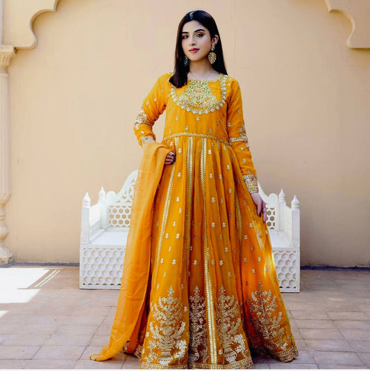 Lovely Yellow Georgette Sequence Work Designer Gown