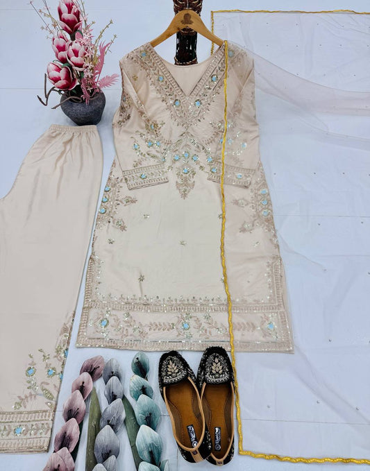 Alluring Beige Silk Embroidery Work Palazzo Suit