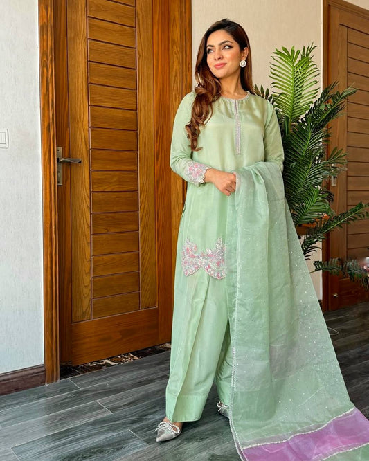 Gorgeous Green Crepe Sequence Work Punjabi Style Palazzo Suit