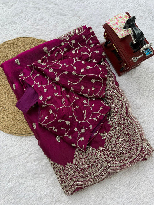 Trendy Wine Chiffon Thread Work Saree