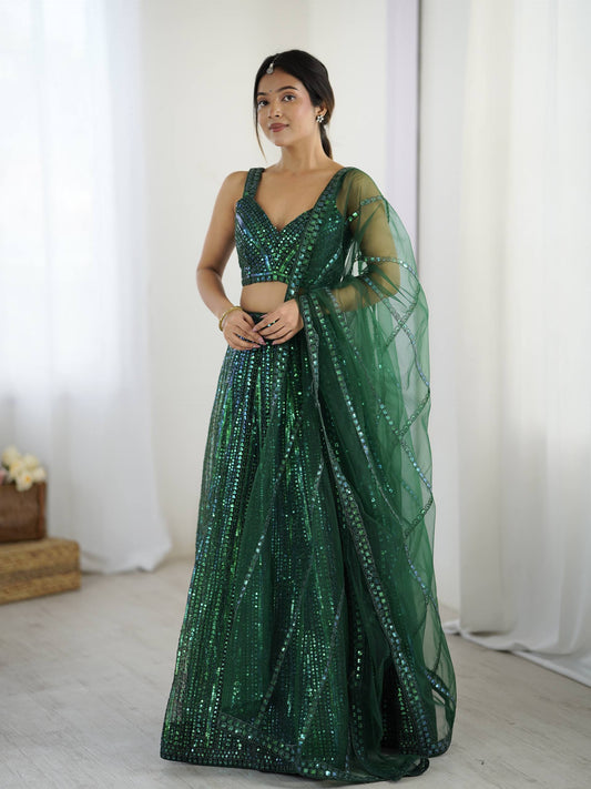 Green Net Dori Work Lehenga Choli For Function Wear