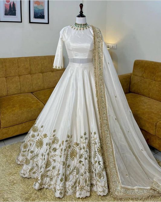 Wonderful White Silk Zari Work Lehenga Choli
