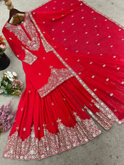 Ravishing Red Georgette Embroidery Work Sharara Suit Ravishing Red Georgette Embroidery Work Sharara Suit