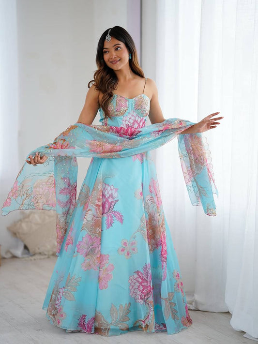 Attractive Blue Organza Digital Printed Lehenga