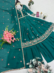 Designer Green Silk Embroidery Work Sharara Suit Designer Green Silk Embroidery Work Sharara Suit