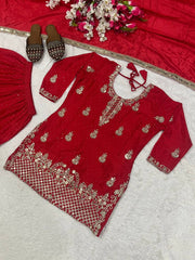 Glorious Red Chinon Silk Sequence Work Sharara Suit Glorious Red Chinon Silk Sequence Work Sharara Suit