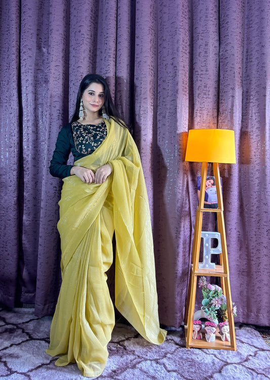 Party Wear Yellow Sparkle Silk Sequence Work Saree