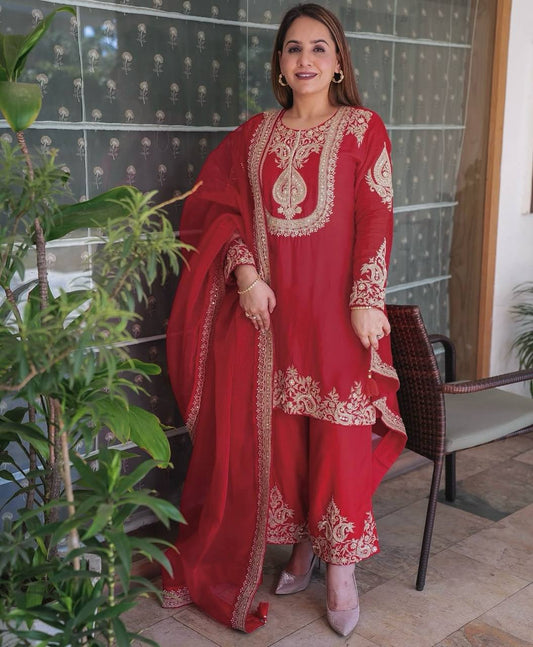 Lovely Red Chinon Silk Work Palazzo Suit