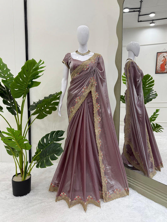Trendy Lavender Color Silk Embroidery Saree