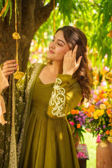 Trendy Mehndi Color Embroidery Work Gown Trendy Mehndi Color Embroidery Work Gown