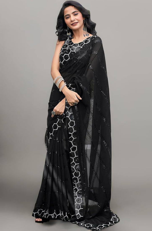 Marvelous Black Georgette Embroidery Work Saree