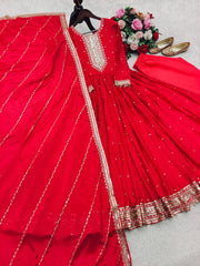 Ravishing Red Color Embroidery With Sequence Work Gown Ravishing Red Color Embroidery With Sequence Work Gown
