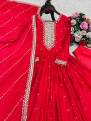 Ravishing Red Color Embroidery With Sequence Work Gown Ravishing Red Color Embroidery With Sequence Work Gown