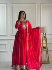 Ravishing Red Color Embroidery With Sequence Work Gown Ravishing Red Color Embroidery With Sequence Work Gown