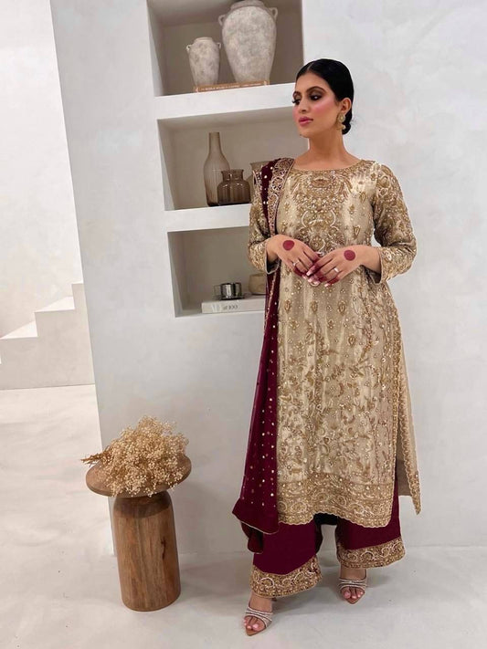 Ravishing Beige Color Embroidery Work Straight Salwar Suit