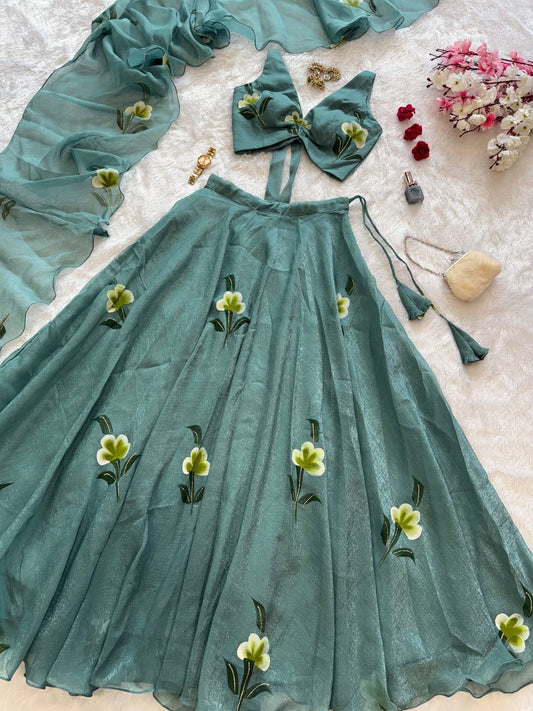 Gorgeous Green Handpaint Work Lehenga Choli