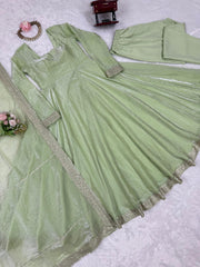 Glorious Pista Color Fendi Silk Thread Work Gown Glorious Pista Color Fendi Silk Thread Work Gown