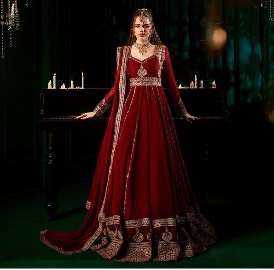 Admiring Red Color Color Georgette Thread Work Anarkali Gown